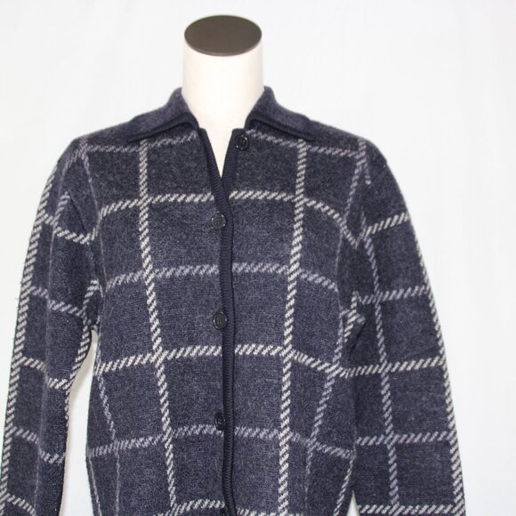 Vintage Talbots Petites Small Checkered Button Up Cardigan Navy White 100% Wool - Picture 2 of 12